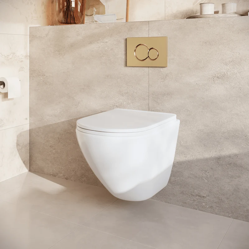 Hangtoilet met Inbouwreservoir - Rond Wit - Drukplaat Rond Goud - Linea