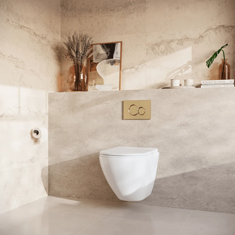 Hangtoilet met Inbouwreservoir - Rond Wit - Drukplaat Rond Goud - Linea