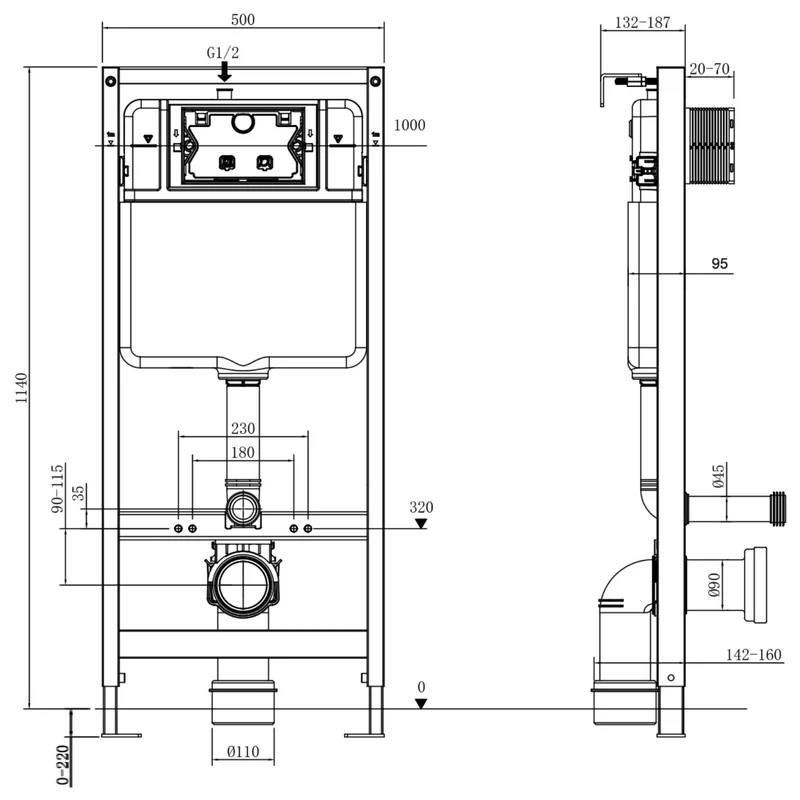 Hangtoilet met Inbouwreservoir - Rond Zwart - Drukplaat Rond Wit - Linea