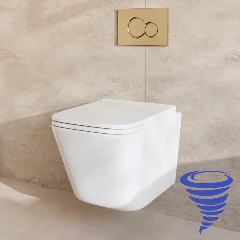 Hangtoilet met Inbouwreservoir - Vierkant Wit - Drukplaat Rond Goud - Linea