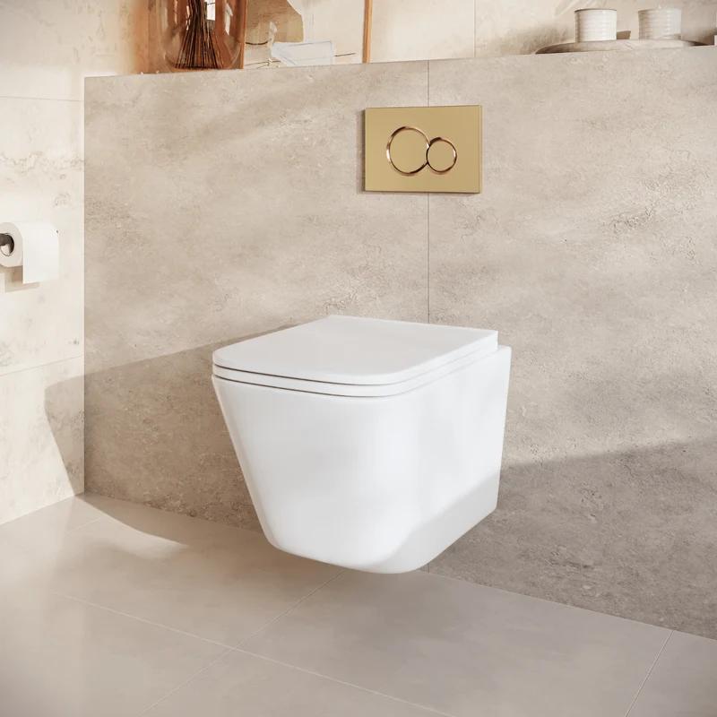 Hangtoilet met Inbouwreservoir - Vierkant Wit - Drukplaat Rond Goud - Linea