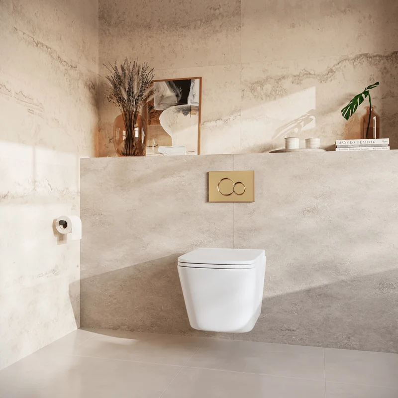 Hangtoilet met Inbouwreservoir - Vierkant Wit - Drukplaat Rond Goud - Linea