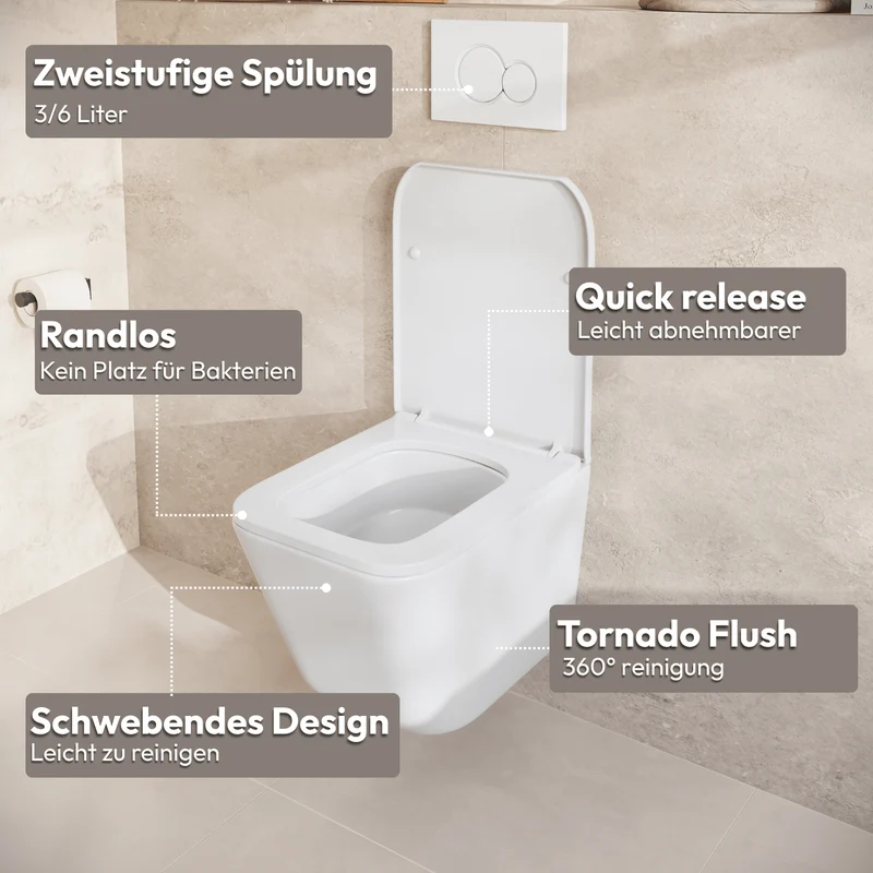 Hangtoilet met Inbouwreservoir - Vierkant Wit - Drukplaat Rond Goud - Linea