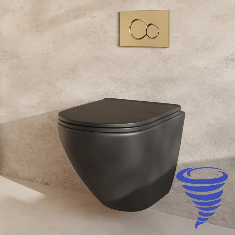 Hangtoilet met Inbouwreservoir - Rond Zwart - Drukplaat Rond Goud - Linea