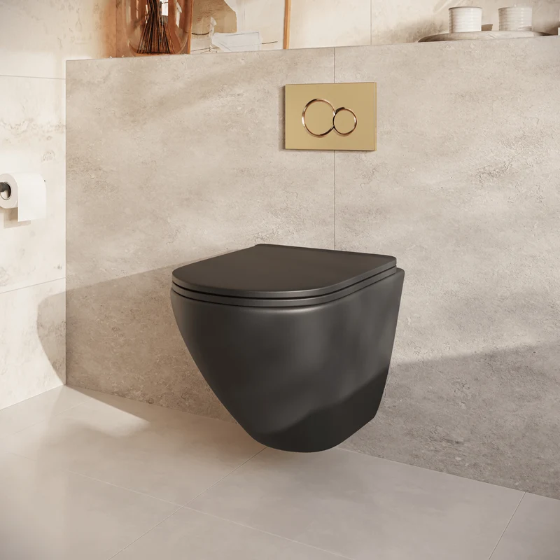 Hangtoilet met Inbouwreservoir - Rond Zwart - Drukplaat Rond Goud - Linea