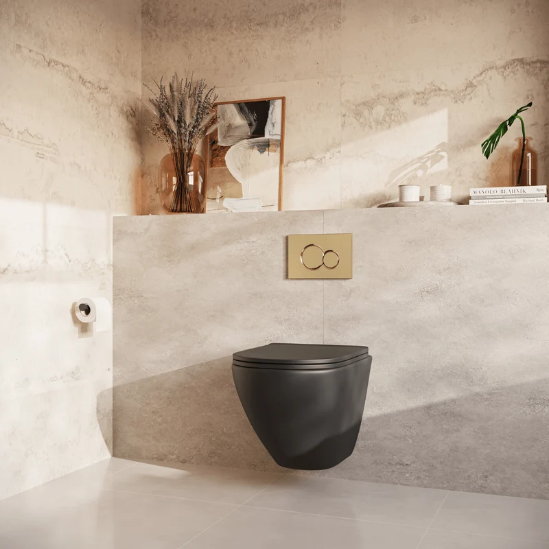 Hangtoilet met Inbouwreservoir - Rond Zwart - Drukplaat Rond Goud - Linea