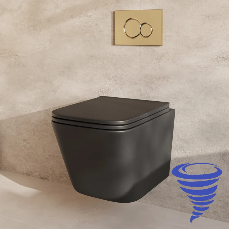 Hangtoilet met Inbouwreservoir - Vierkant Zwart - Drukplaat Rond Goud - Linea