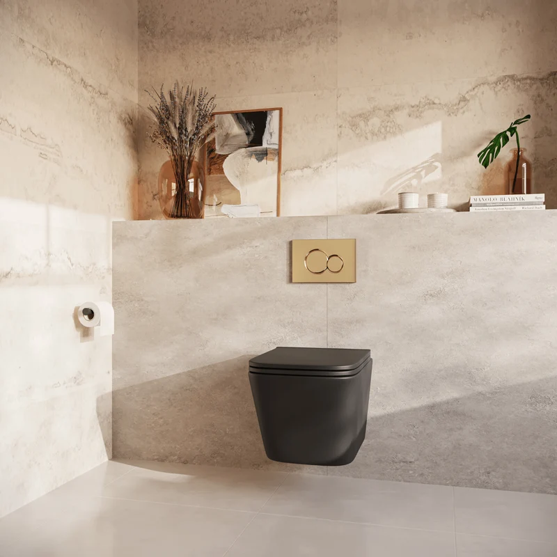 Hangtoilet met Inbouwreservoir - Vierkant Zwart - Drukplaat Rond Goud - Linea