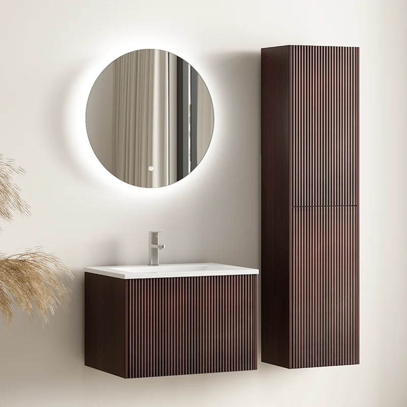 Badmeubelset ROVANI 60cm - Walnoot - Ribbel front - Wastafel Wit