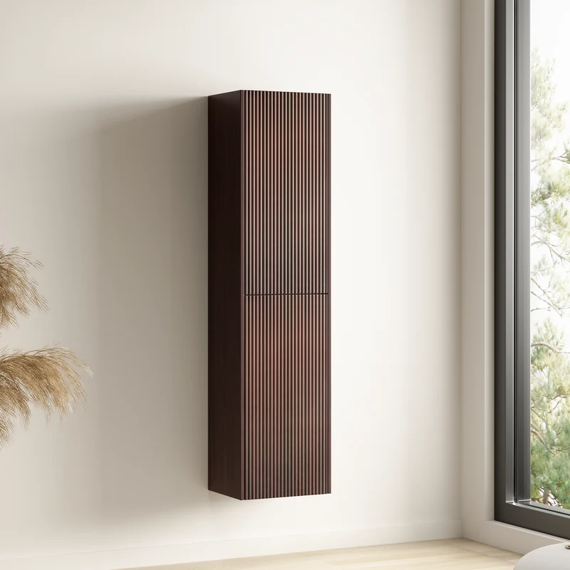 Badmeubelset ROVANI 100 cm - Walnoot - Ribbel front - Wastafel wit