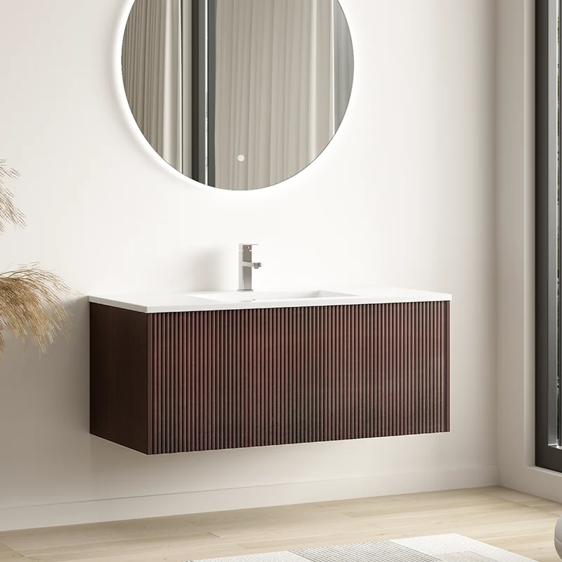 SOVINA Ribbel Walnoot - Wastafel Wit - 100cm
