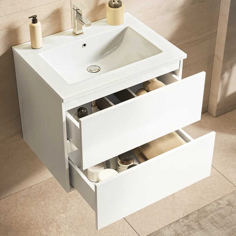 Badmeubelset NUVANO 60 cm - Met Kolomkast - Glanzend Wit - Wastafel Wit
