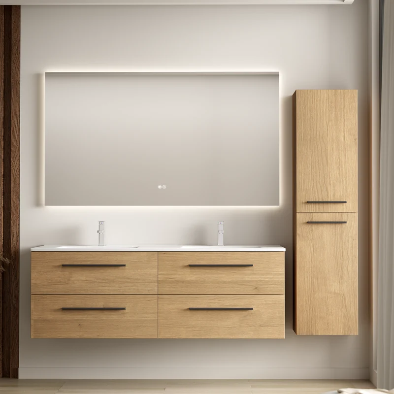 Badmeubelset NAVERO 140 cm - Met Kolomkast - Licht Eiken - Wastafel Wit