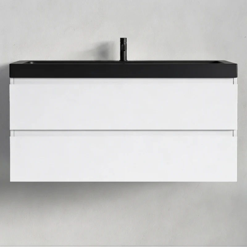 Badmeubelset AVALON 100 cm - Met Kolomkast - Glanzend Wit - Wastafel Zwart