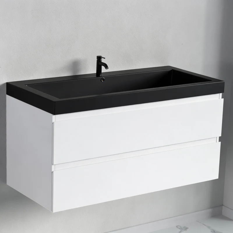 Badmeubelset AVALON 100 cm - Met Kolomkast - Glanzend Wit - Wastafel Zwart