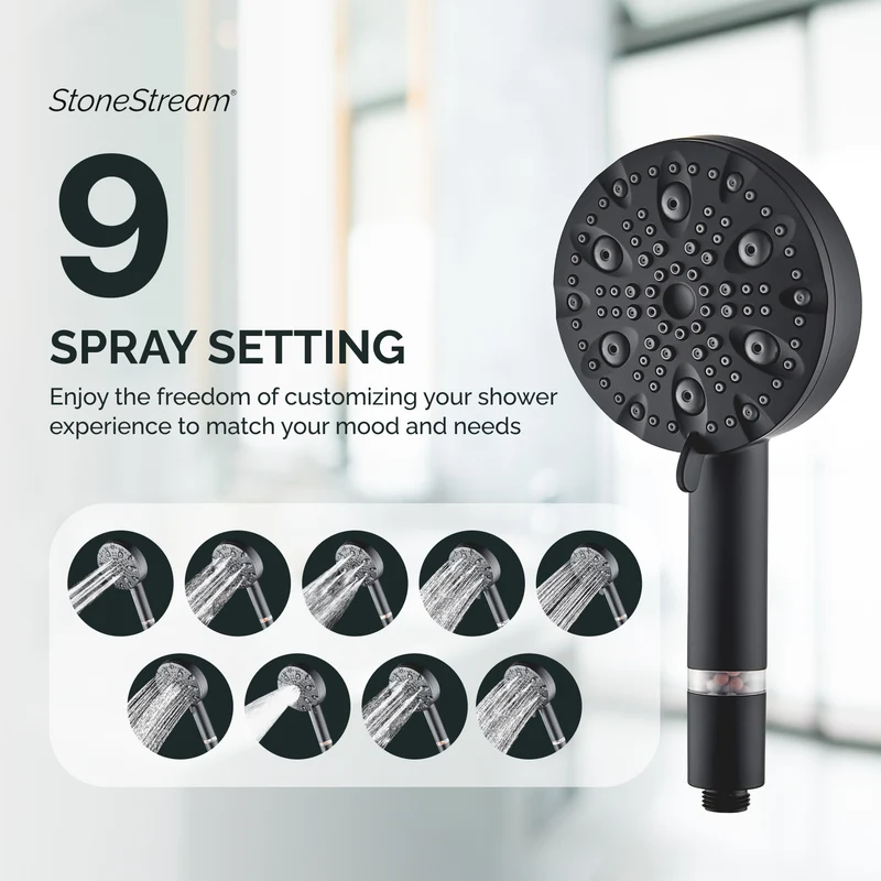 9-Mode Luxury Black Shower Head with Hard Water Filtration Kit