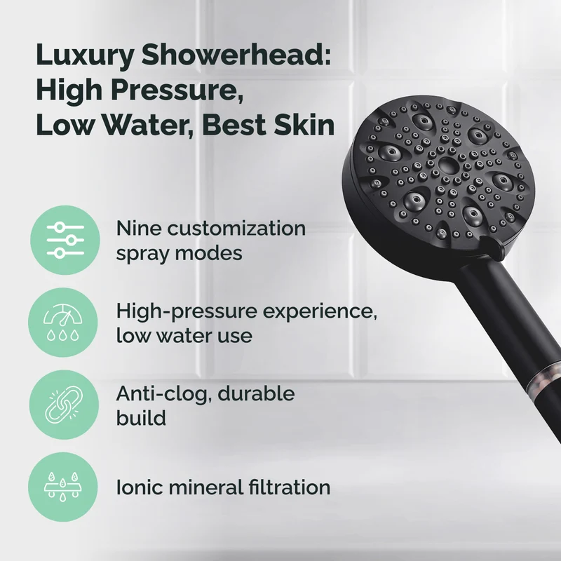 9-Mode Luxury Black Shower Head with Hard Water Filtration Kit