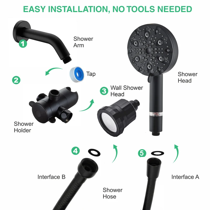 9-Mode Luxury Handheld & Wall Combo Shower Head with Filtration Kit - Black