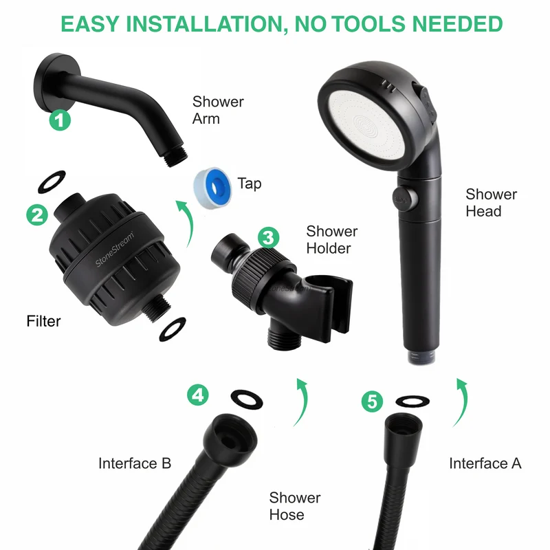 Black Ecopower Shower Head with Hard Water Filtration Kit
