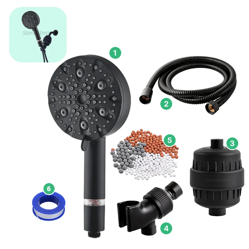 9-Mode Luxury Black Shower Head with Hard Water Filtration Kit