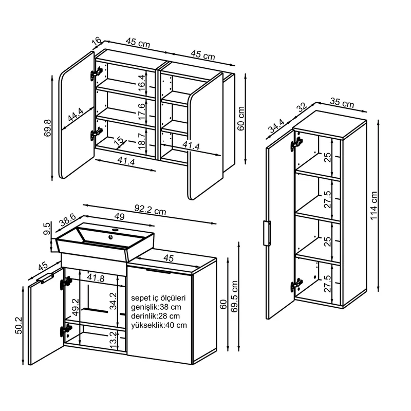 Roomart 4-teiliges Badmöbel-Set LYCIA, 49 cm, Waschtisch, Spiegelschrank und Hochschrank, in 4 Farben