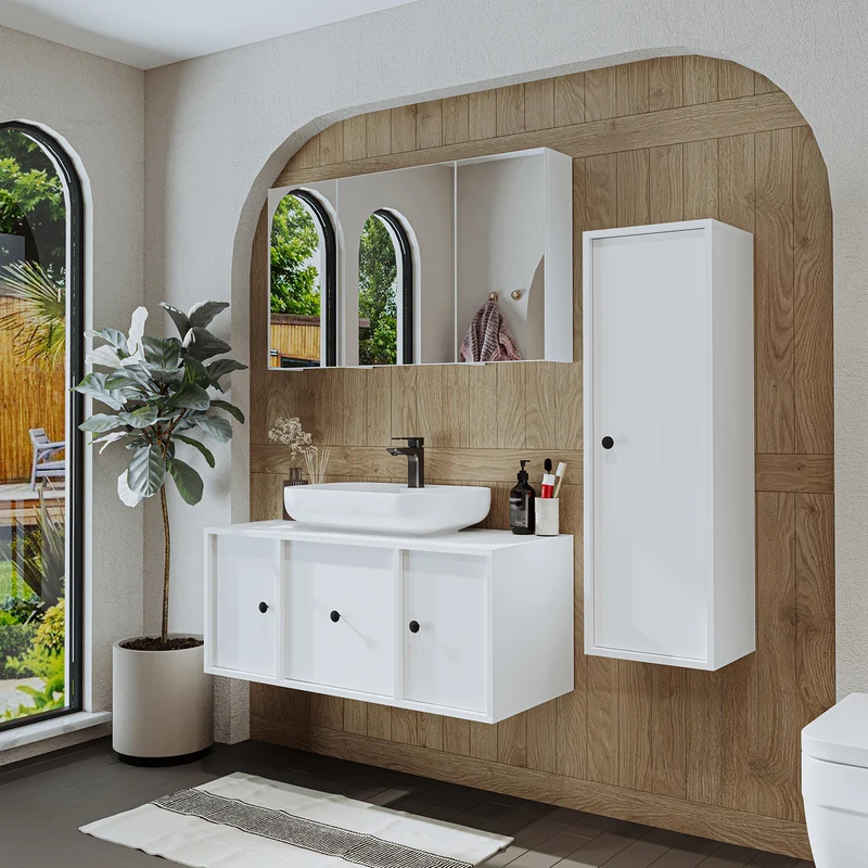 Roomart Badmöbel-Set GUSTO 105 cm, 4-teilig mit Keramik-Waschbecken und Spiegelschrank in 2 Farben