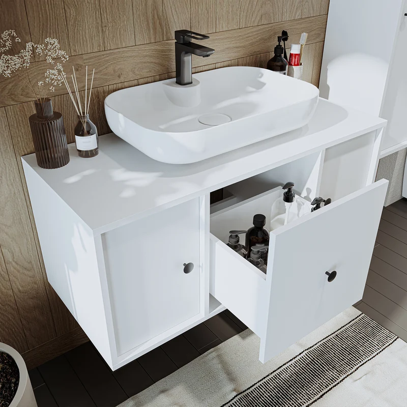Roomart Badmöbel-Set GUSTO 105 cm, 4-teilig mit Keramik-Waschbecken und Spiegelschrank in 2 Farben