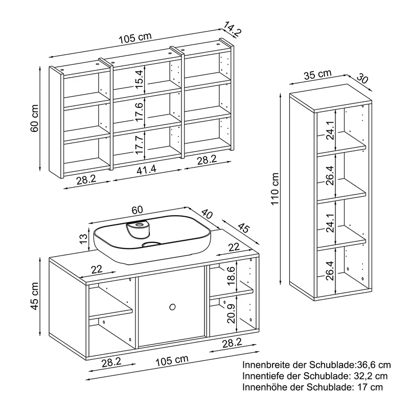 Roomart Badmöbel-Set GUSTO 105 cm, 4-teilig mit Keramik-Waschbecken und Spiegelschrank in 2 Farben