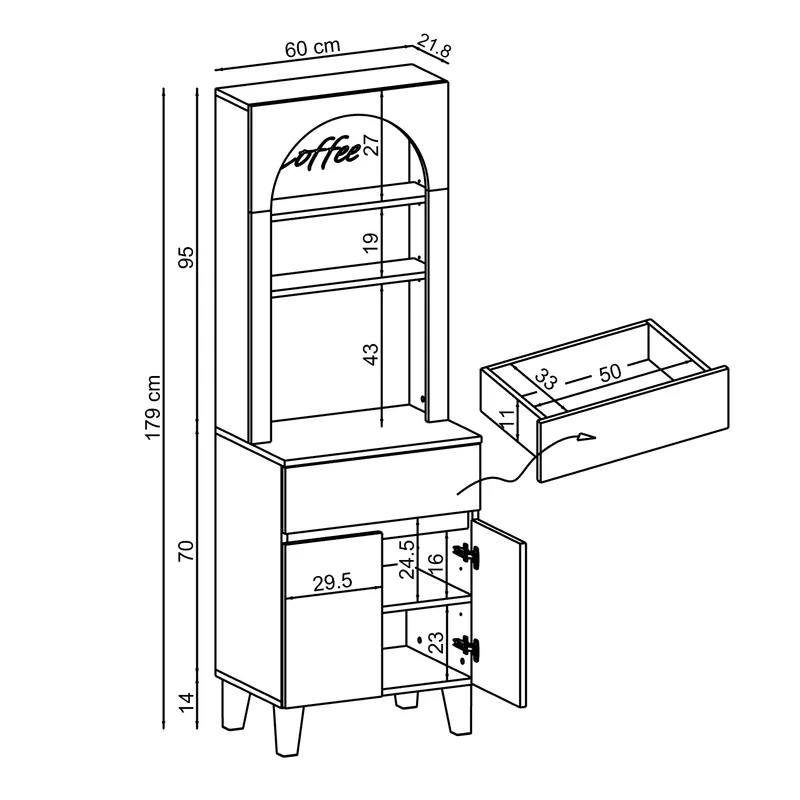 Roomart Küchenschrank VENEDIK 60 cm, Kaffeebar mit LED und Bogendesign, in 4 Farben