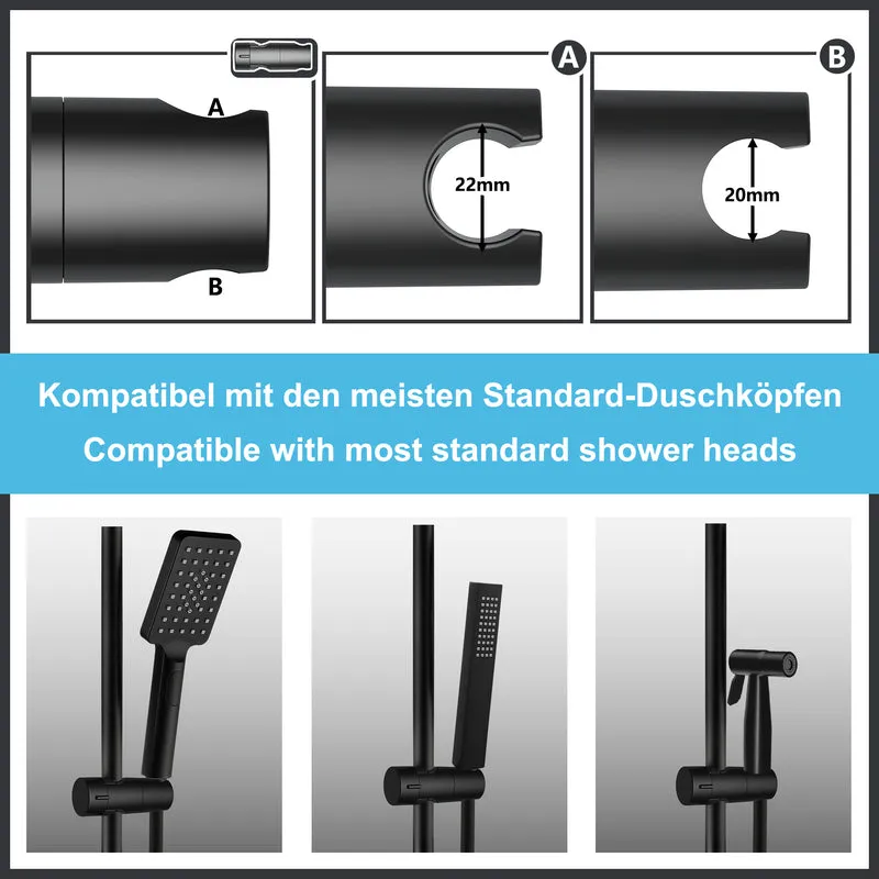 JOHO Edelstahl Duschstange mit Handbrausehalter und Variable Wandbefestigungen, Wandstange Regendusche Brausearm Brausestange Duschsäule mit fester Länge 92cm Schwarz
