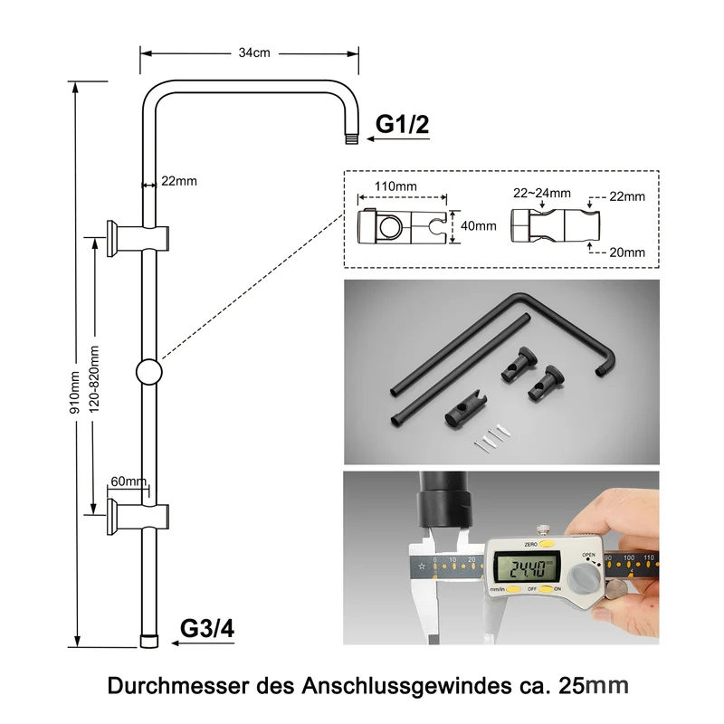 JOHO Edelstahl Duschstange mit Handbrausehalter und Variable Wandbefestigungen, Wandstange Regendusche Brausearm Brausestange Duschsäule mit fester Länge 92cm Schwarz