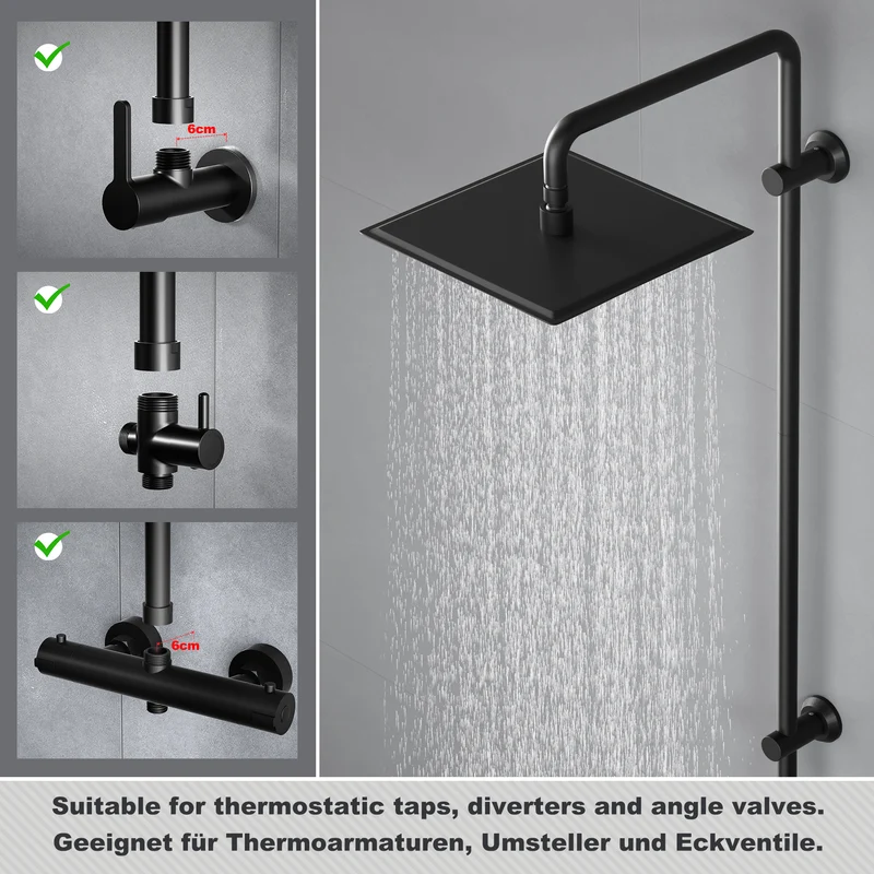 JOHO Edelstahl Duschstange mit Gewindeadapter, Variable Wandbefestigungen Wandstange Regendusche Duschrohr Brausearm Brausestange Duschsäule Schwarz