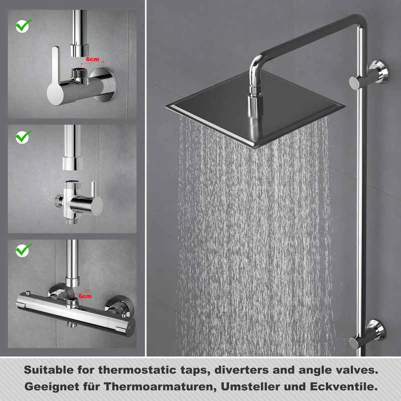 JOHO Edelstahl Duschstange mit Handbrausehalter und Gewindeadapter, Variable Wandbefestigungen Wandstange Duschrohr für Regendusche Brausearm Chrom