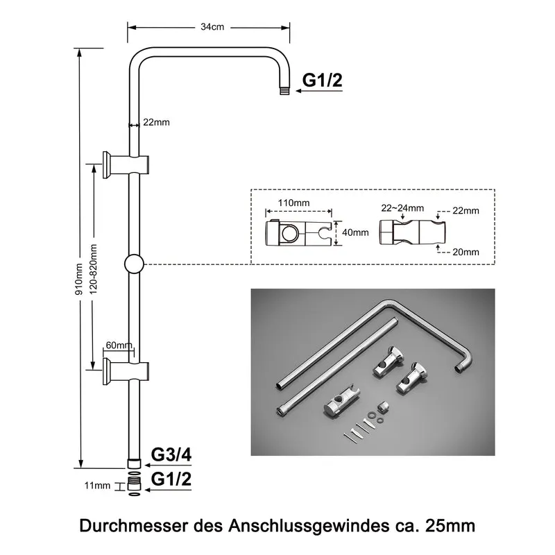JOHO Edelstahl Duschstange mit Handbrausehalter und Gewindeadapter, Variable Wandbefestigungen Wandstange Duschrohr für Regendusche Brausearm Chrom