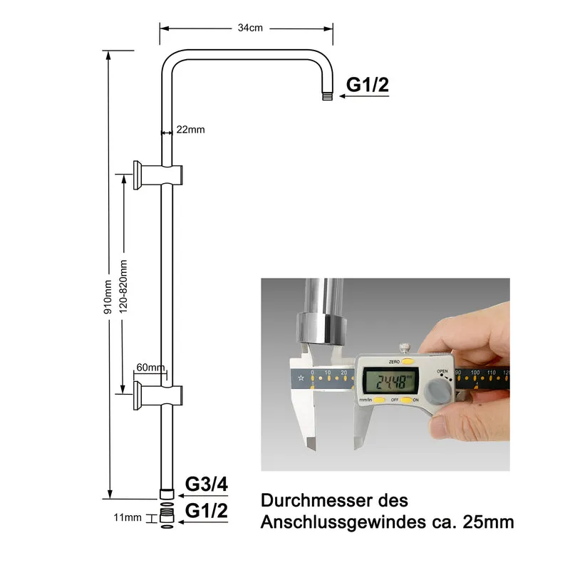 JOHO Edelstahl Duschstange mit Gewindeadapter 1/2 Zoll IG auf 3/4 Zoll AG, Variable Wandbefestigungen Regendusche Brausearm Brausestange Chrom