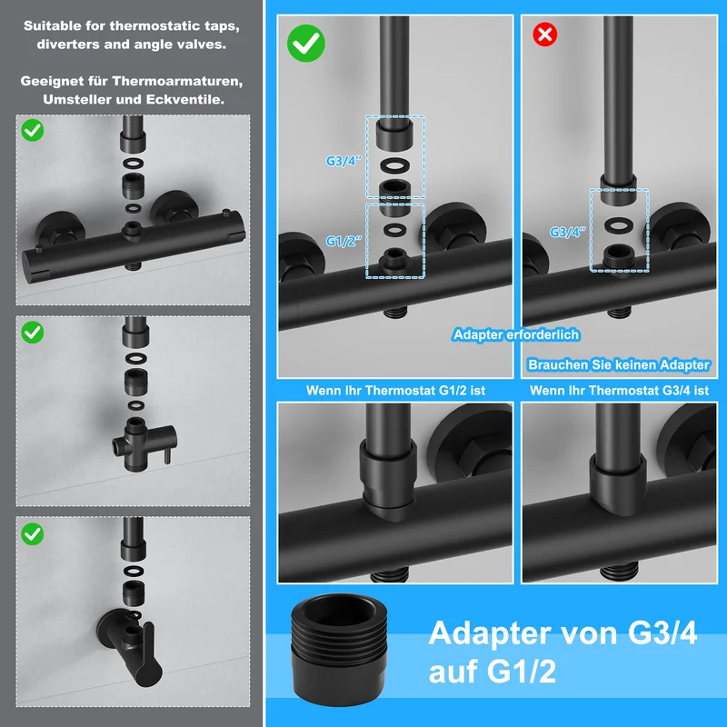 JOHO Höheverstellbare Duschstange mit Handbrausehalter und Gewindeadapter, Edelstahl Duschsäule Wandstange Brausearm mit Verstellbare Länge Schwarz