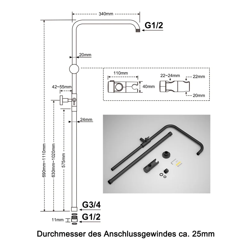 JOHO Höheverstellbare Duschstange mit Handbrausehalter und Gewindeadapter, Edelstahl Duschsäule Wandstange Brausearm mit Verstellbare Länge Schwarz