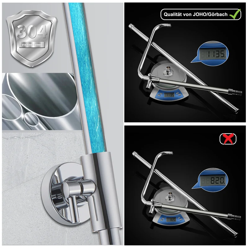 JOHO Höheverstellbare Duschstange mit Handbrausehalter Duschhalterung, Edelstahl Duschsäule Wandstange Brausearm mit Verstellbare Länge Chrom,DE