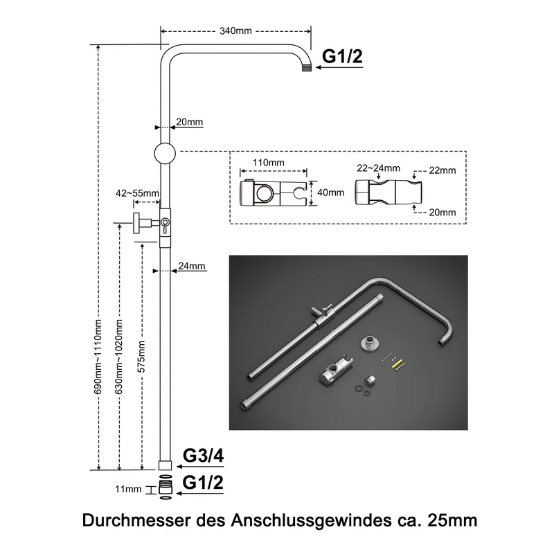 JOHO Höheverstellbare Duschstange mit Handbrausehalter Duschhalterung und Gewindeadapter, Edelstahl Duschsäule Wandstange Regendusche Duschrohr Brausearm mit Verstellbare Länge von 69 bis 111cm Chroms