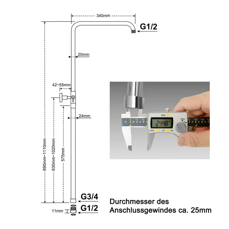 JOHO Höheverstellbare Duschstange mit Gewindeadapter 1/2 Zoll IG auf 3/4 Zoll AG, Edelstahl Duschsystem Zubehör Wandstange Regendusche rohr Brausearm mit verstellbare Länge von 69 bis 111cm Chrom