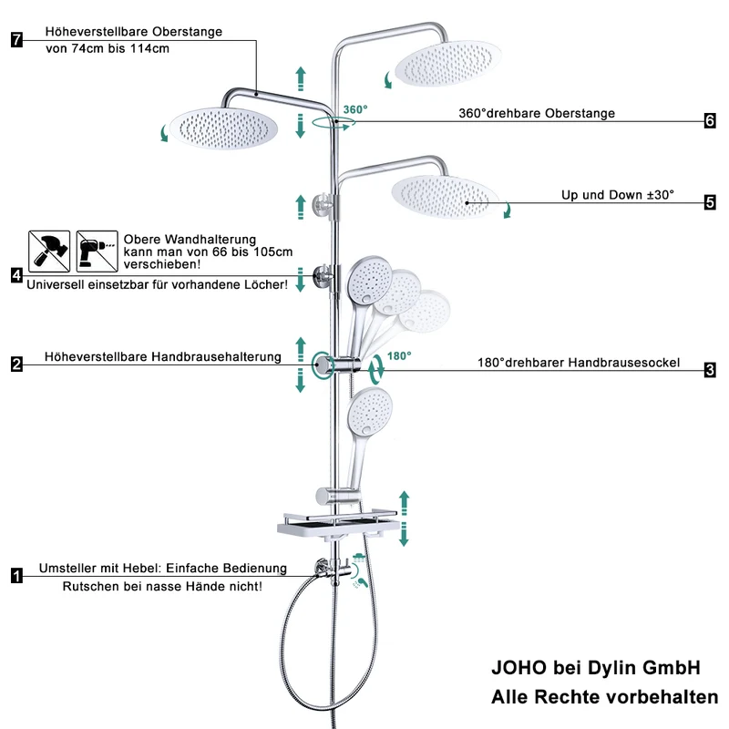 JOHO Edelstahl Regendusche Duschset mit rund Kopfbrause und Ablage Chrom