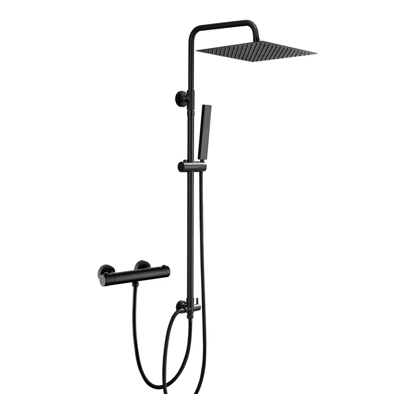 JOHO Edelstahl Duschsystem mit Thermostatarmatur, Regendusche Duschset mit Mischbatterie Duscharmatur, Duschstange, Kopfbrause 30 * 30cm, Schwarz