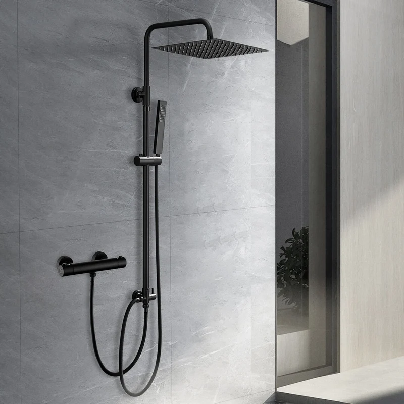 JOHO Edelstahl Duschsystem mit Thermostatarmatur, Regendusche Duschset mit Mischbatterie Duscharmatur, Duschstange, Kopfbrause 30 * 30cm, Schwarz