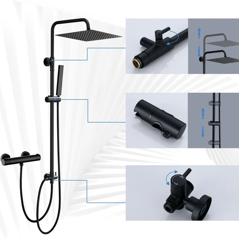 JOHO Edelstahl Duschsystem mit Thermostatarmatur, Regendusche Duschset mit Mischbatterie Duscharmatur, Duschstange, Kopfbrause 30 * 30cm, Schwarz