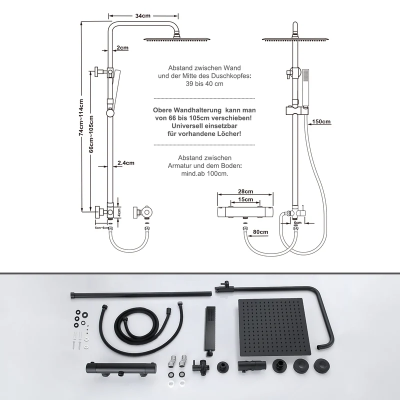 JOHO Edelstahl Duschsystem mit Thermostatarmatur, Regendusche Duschset mit Mischbatterie Duscharmatur, Duschstange, Kopfbrause 30 * 30cm, Schwarz