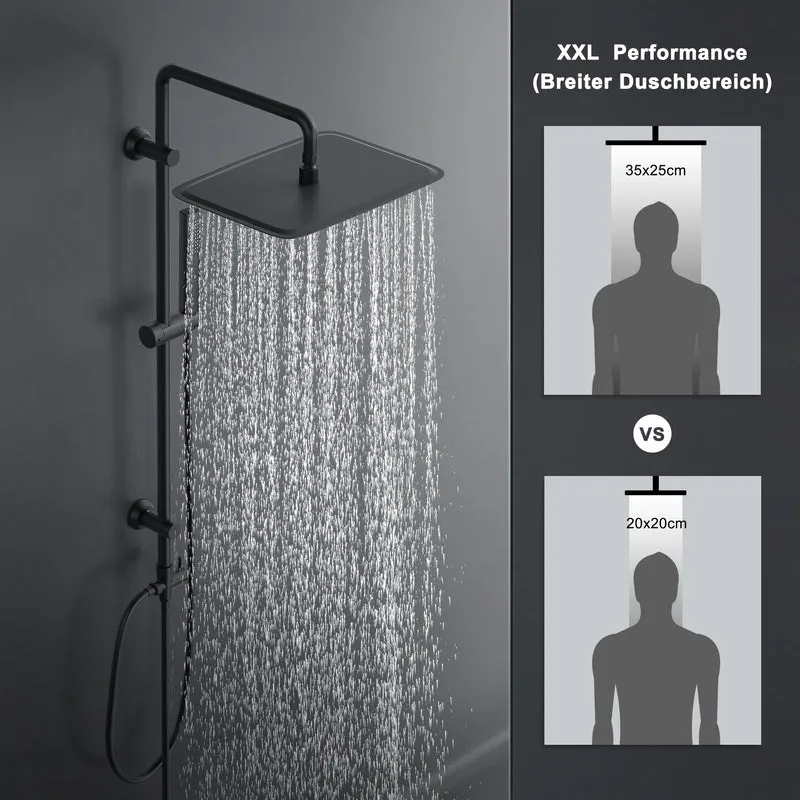 JOHO Regendusche Duschsystem ohne Armatur, Edelstahl Duschset mit 92cm Duschstange, XXL Überkopfbrause Rechteckig 35 * 25cm Schwarz