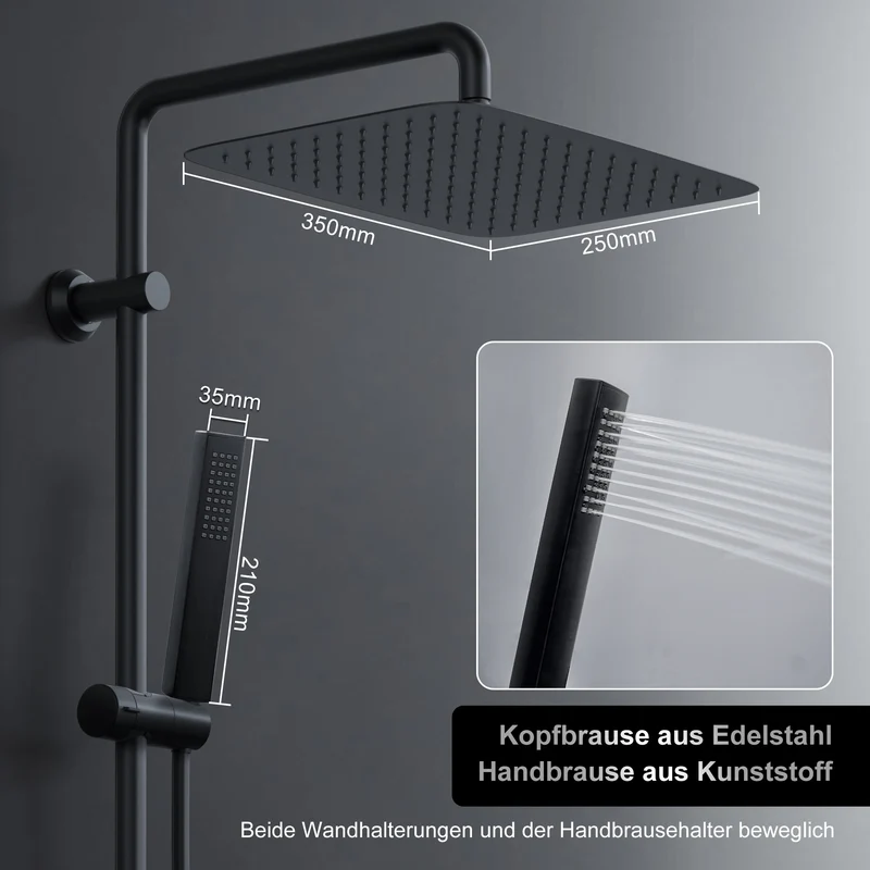 JOHO Regendusche Duschsystem ohne Armatur, Edelstahl Duschset mit 92cm Duschstange, XXL Überkopfbrause Rechteckig 35 * 25cm Schwarz