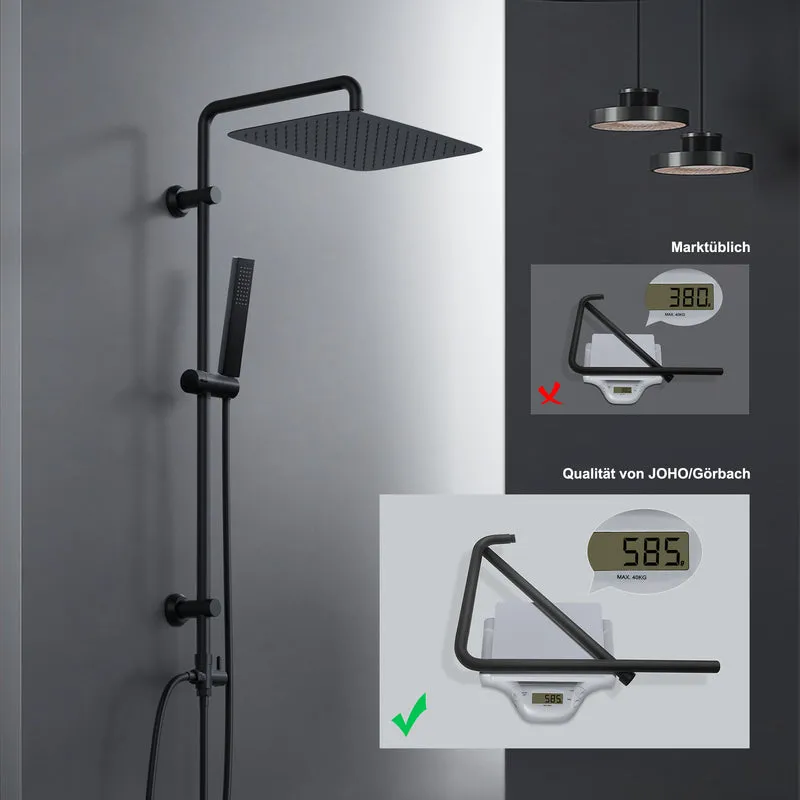 JOHO Regendusche Duschsystem ohne Armatur, Edelstahl Duschset mit 92cm Duschstange, XXL Überkopfbrause Rechteckig 35 * 25cm Schwarz