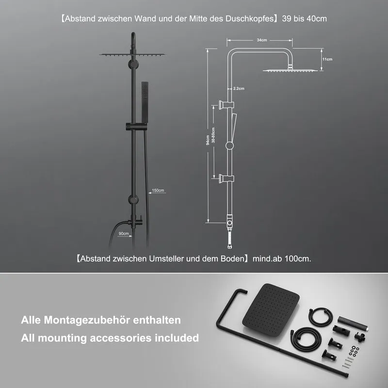 JOHO Regendusche Duschsystem ohne Armatur, Edelstahl Duschset mit 92cm Duschstange, XXL Überkopfbrause Rechteckig 35 * 25cm Schwarz