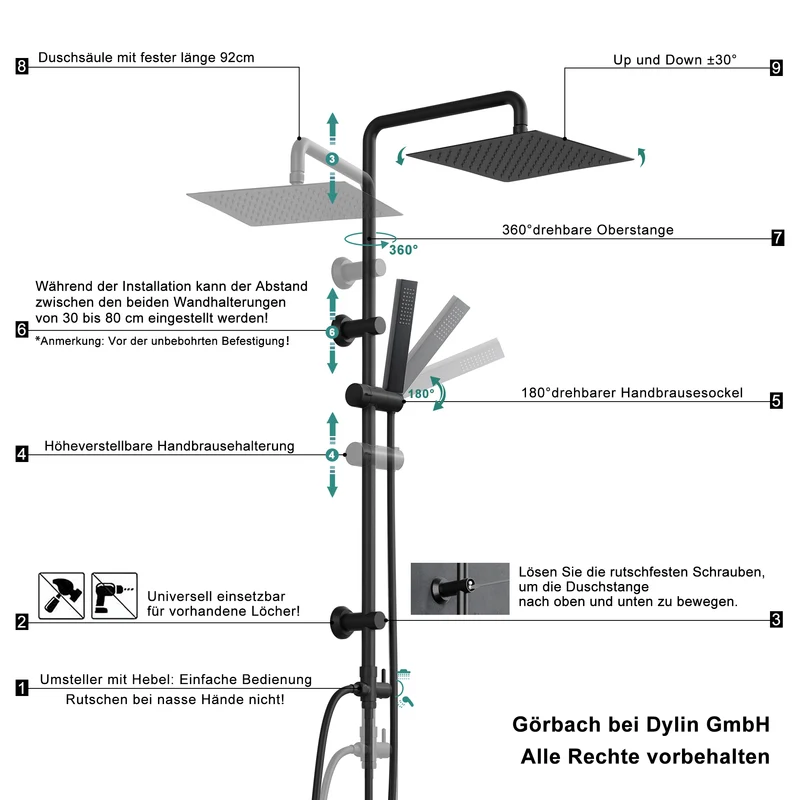 JOHO Regendusche Duschsystem ohne Armatur, Edelstahl Duschset mit 92cm Duschstange, Eckig Überkopfbrause Schwarz